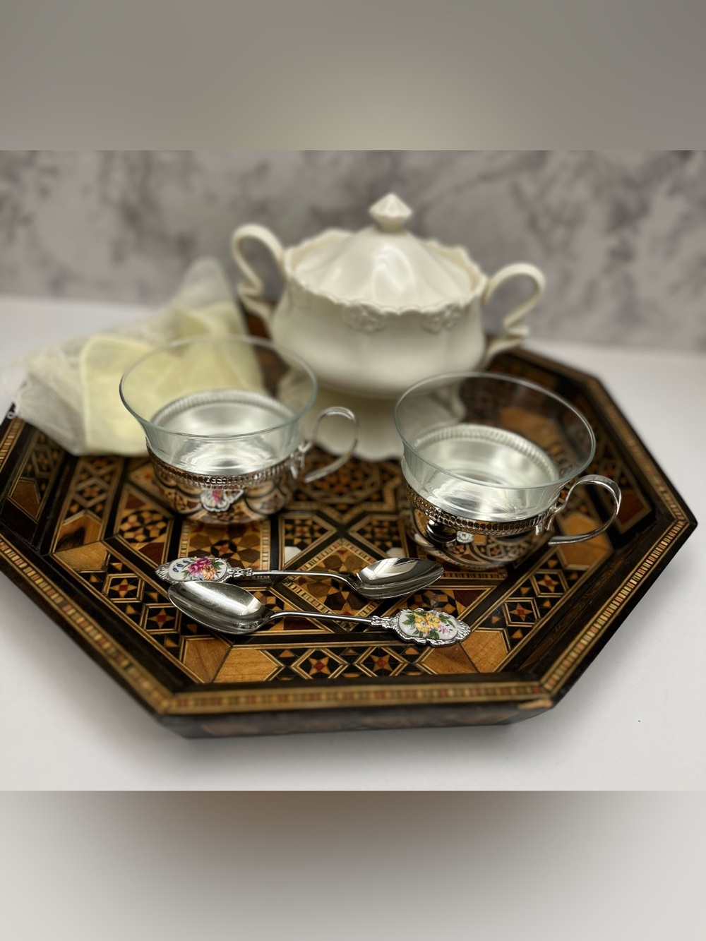 Vintage 12” Inlaid Geometric Serving Tray,Hexagonal Mosaic Star Pattern,Boho